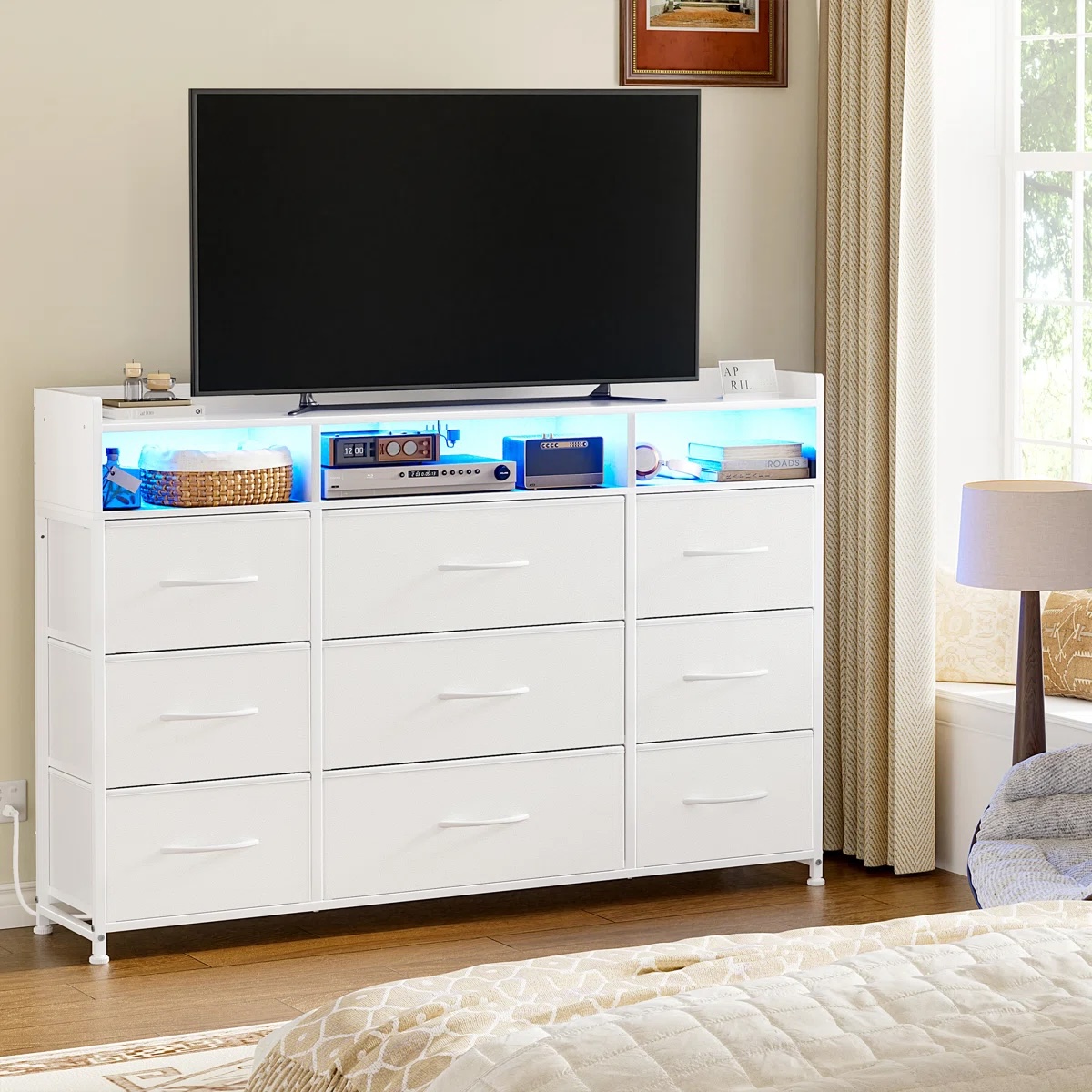 9 Drawer Led Dresser,Wide Chest of Drawers for Bedroom,Fabric Drawer With Charging Station for Adults