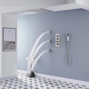 AquaRhapsody 3 Functions Thermostatic Shower System with 3 Body Jets and Rough-in Valve Brushed Nickel
