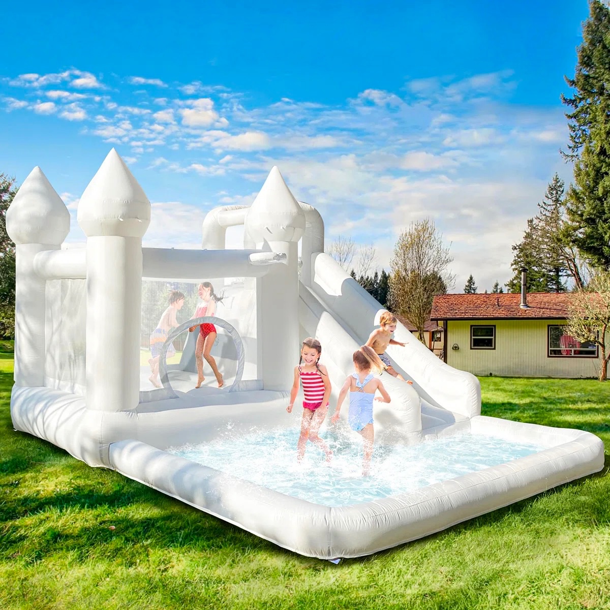 13.7 Ft White Bounce House With Blower Jumping Castle With Slide & Ball Pit For Kids