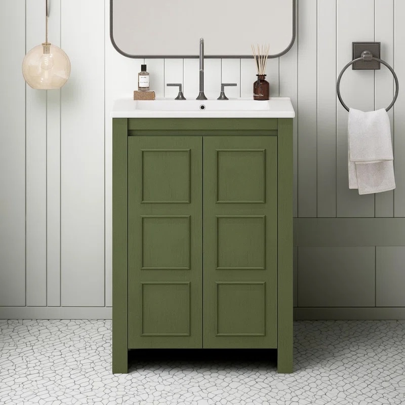 24" Vintage Small Bathroom Vanity with Ceramic Sink Green