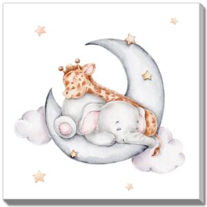Elephant & Giraffe On Moon 24x24 Canvas Wall Art