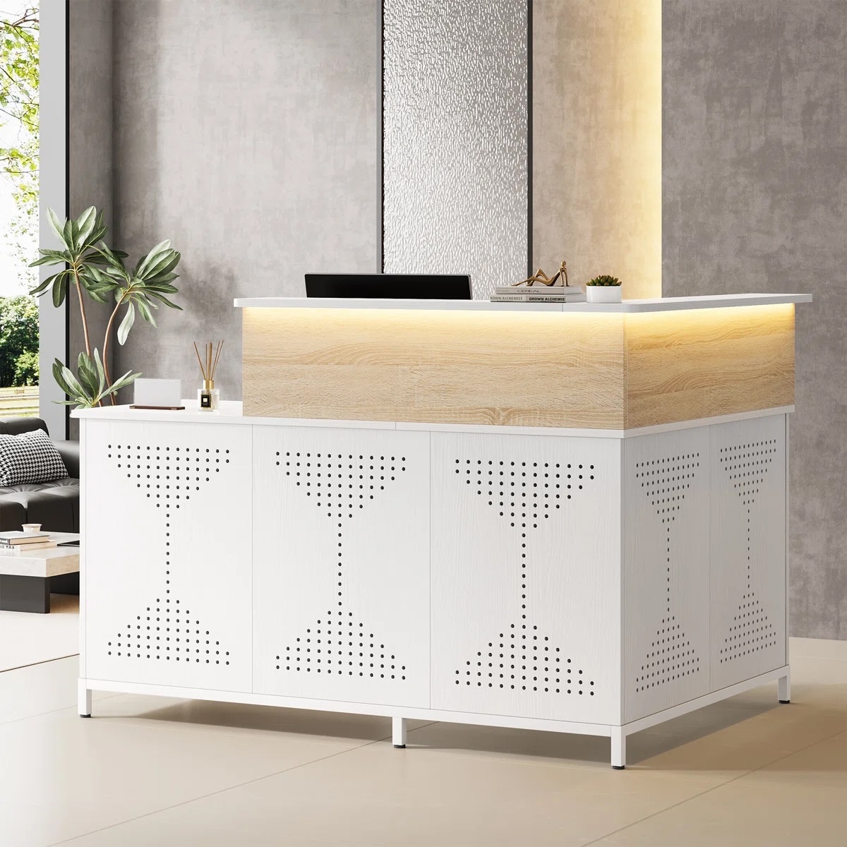 L-Shaped Manufactured Wood Reception Desk With LED Light, Front Desk