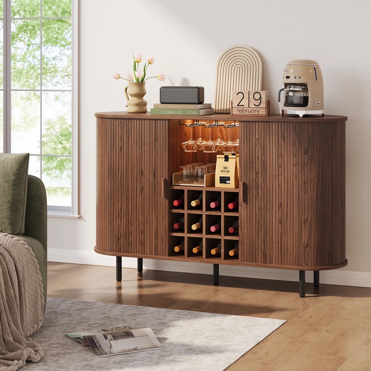 54.6'' Modern Bar Cabinet Adjustable Shelves & RGB Lights Walnut