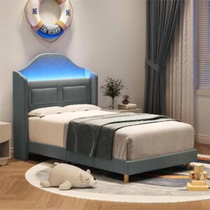 Upholstered Twin Bed Frame With Led Lights Navy Blue