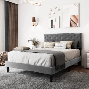 Aleiny Velvet Bed with Adjustable Upholstered Headboard Queen Gray