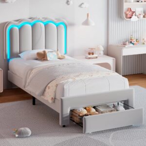 Upholstered LED Bed Frame With Drawer & Adjustable Headboard, Kids Beds