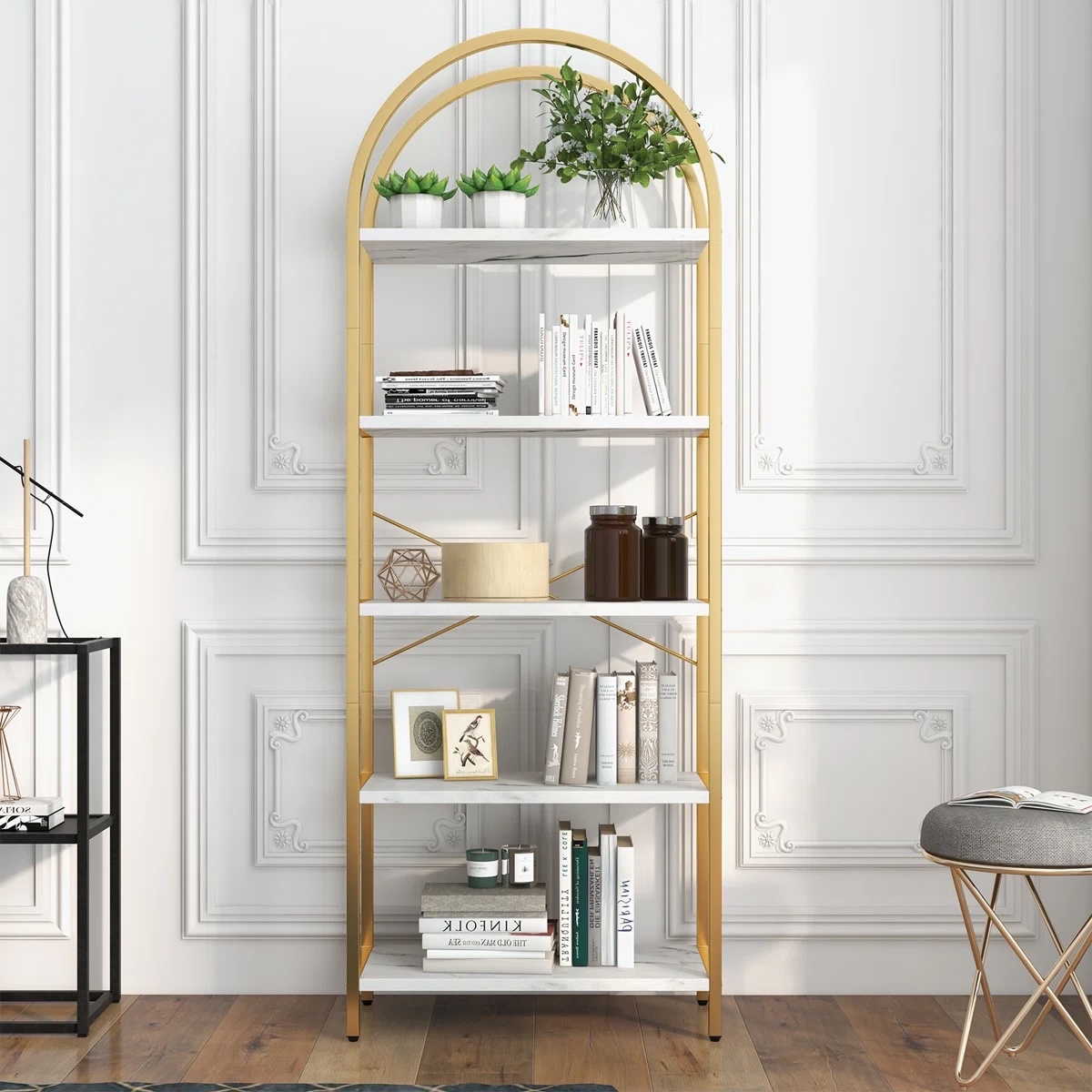 5 Tier Storage Shelf Arched Bookcase GOLD