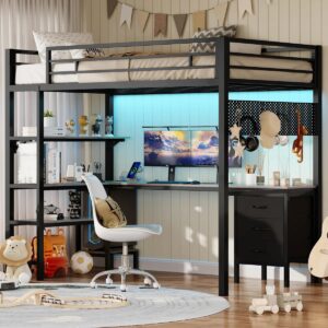 Twin Size Loft Bed With L-shaped Desk, Led Lights,charging Station