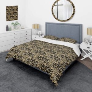 Queen DesignArt Black/Gold Microfiber 3 Piece Duvet Cover Set