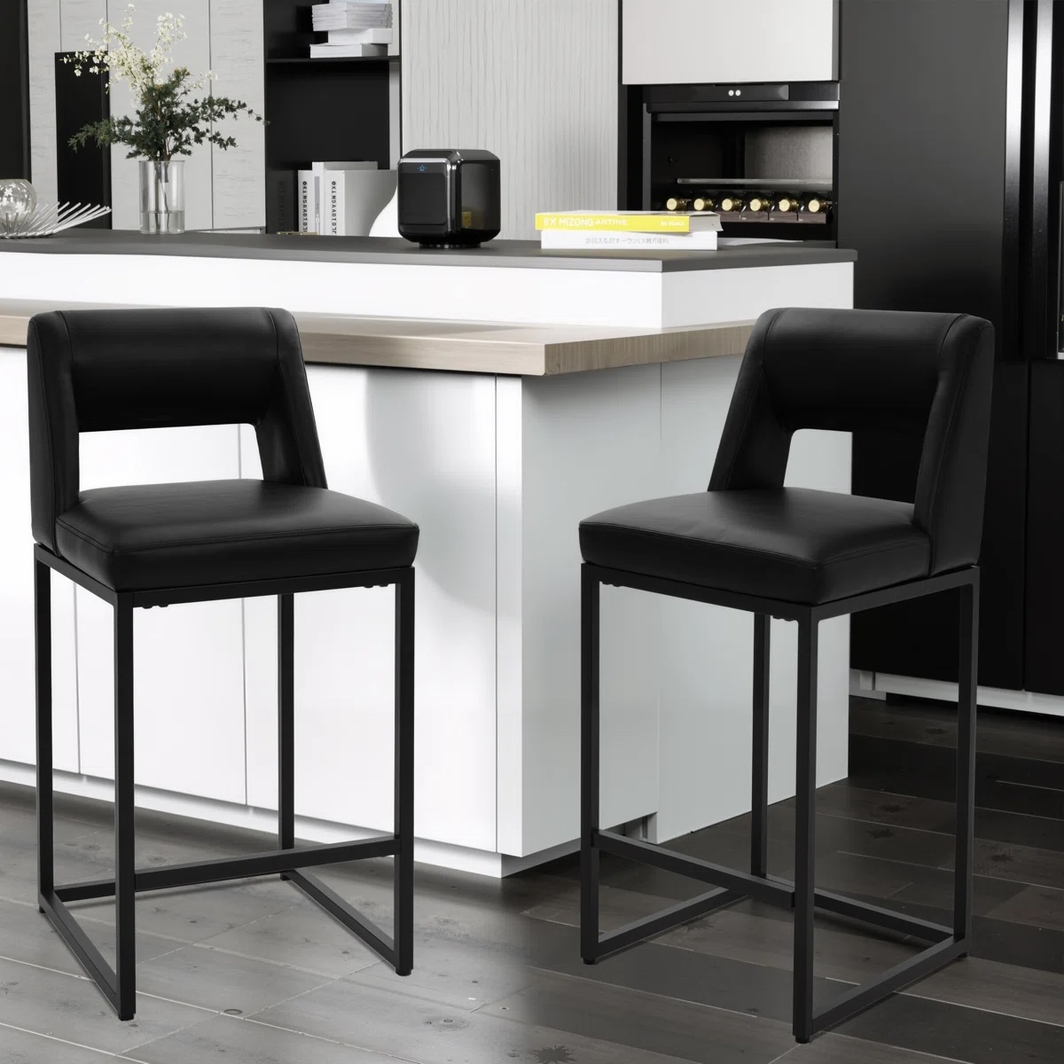 26 Inch Upholstered Faux Leather Counter Height Bar Stools With Metal Frame (Set of 2)