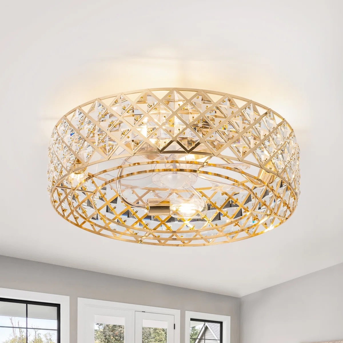 Yenci 19'' 7-Blade Crystal Glass Indoor Enclosed Caged Flush Mount Ceiling Fan with Light Kit