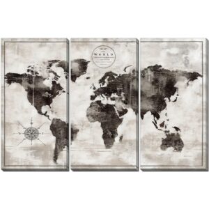Rustic World Map 30x45 Triptych Canvas Wall Art 30"x45"