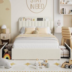 Full Bed Frame 2 Drawers Boucle Upholstered Beige Full