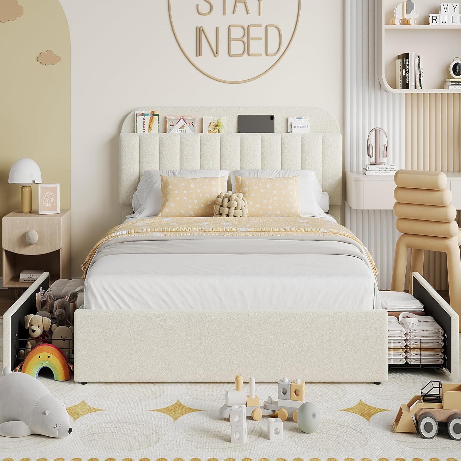 Full Bed Frame 2 Drawers Boucle Upholstered Beige Full