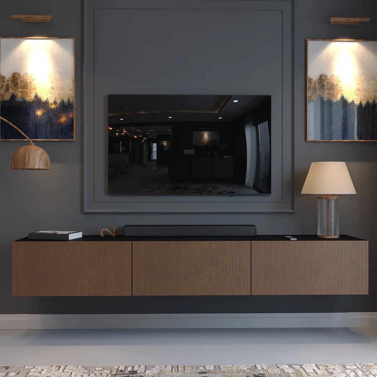 Hamman 71" Floating TV Stand Wall-Mounted Media Console for TVs up to 80" Ribbed Walnut & Black