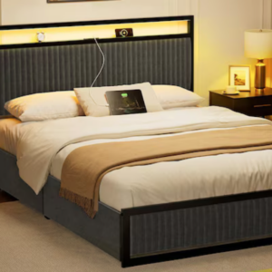 Antioch Full Upholstered Bed Frame Modern Platform Bed with Charging Station & LED Light