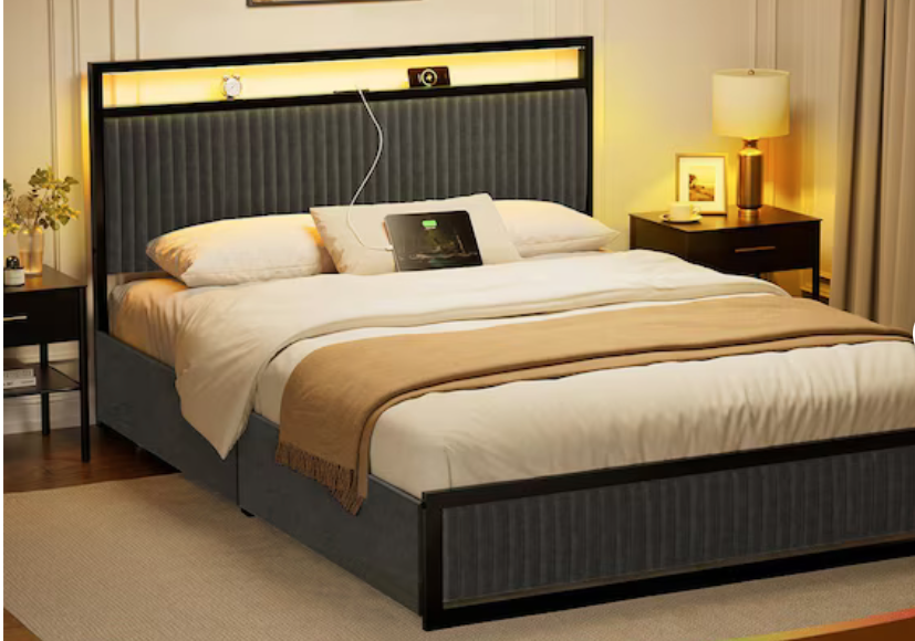 Antioch Full Upholstered Bed Frame Modern Platform Bed with Charging Station & LED Light
