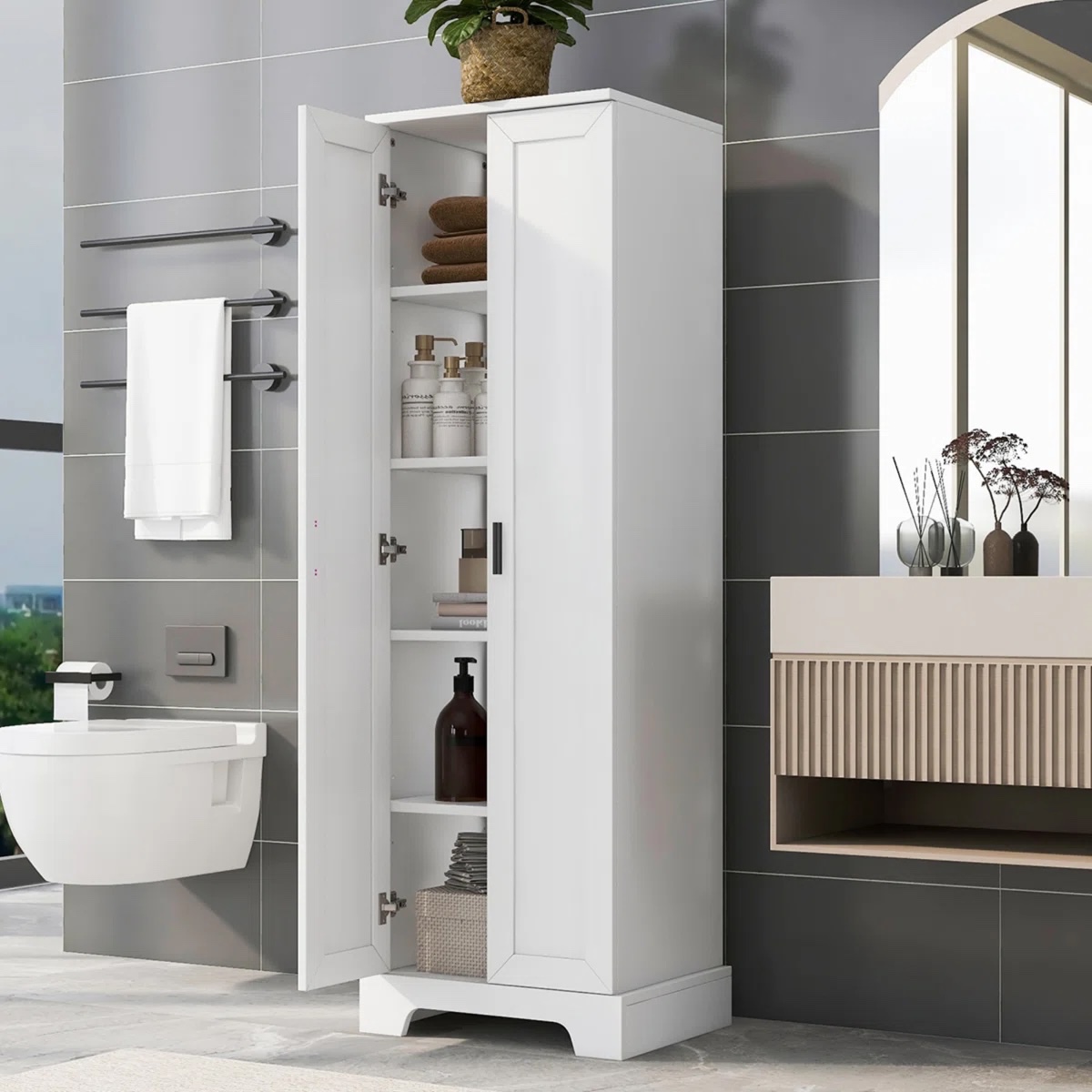 Tall Bathroom Cabinet, Linen Cabinet with 2 Doors & 2 Adjustable Shelf,