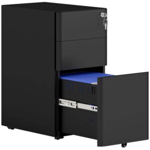 3 Drawer Filing Cabinet, Lockable Steel Office Storage Cabinet with Hanging Bar for Letter, A4, Legal Files, Black