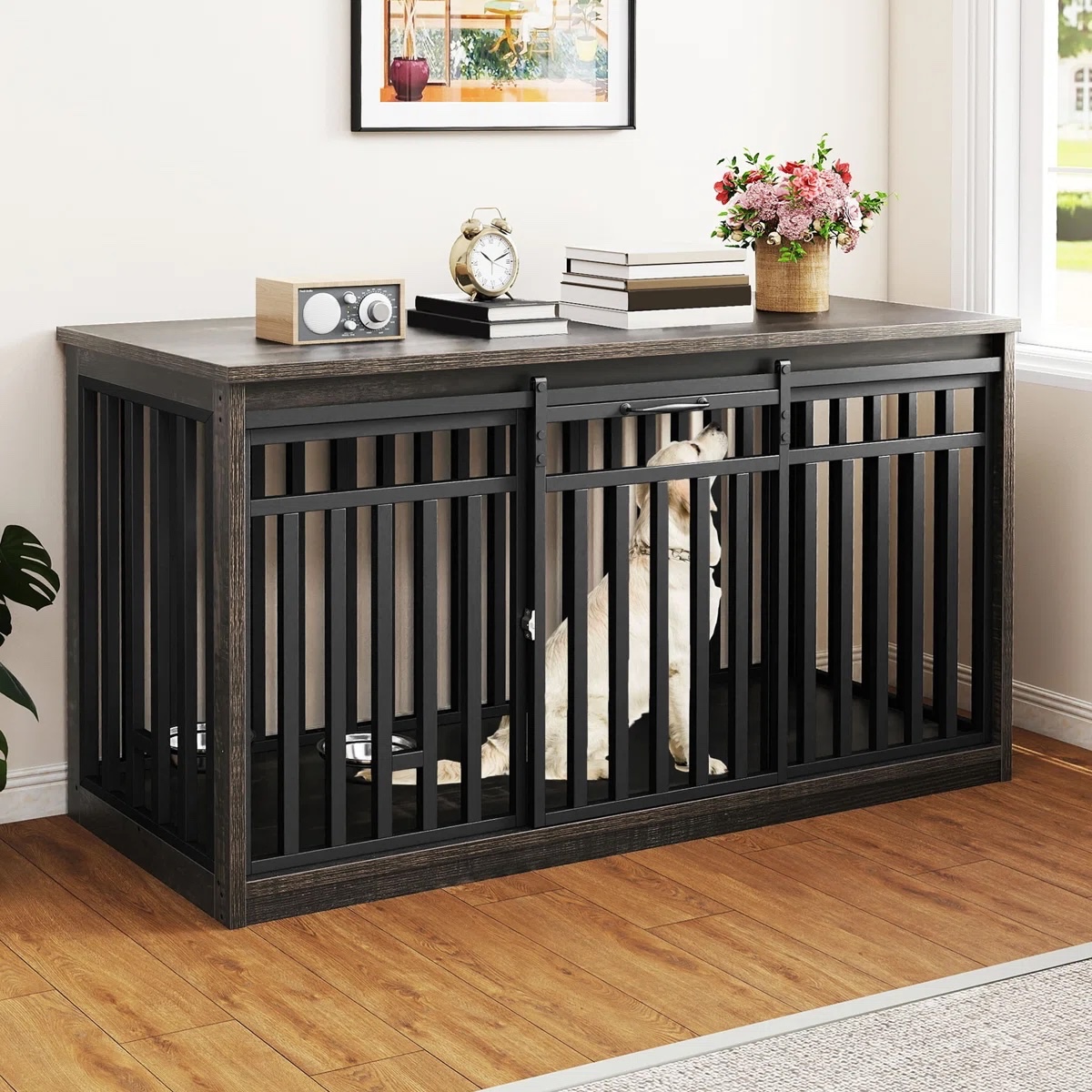 Heavy Duty Wooden Dog Crate Kennel Furniture With Sliding Doors
