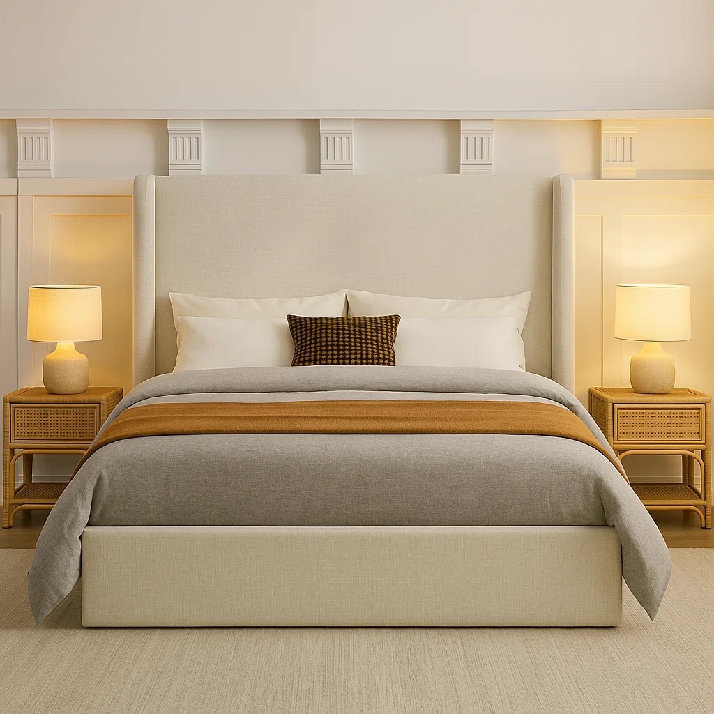 Carmen King Size Upholstered Wingback Bed Ivory