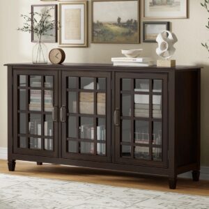 Connaught 60"W Solid Wood 3-Shelf Storage Cabinet Buffet w/Glass Doors & Adjustable Shelves