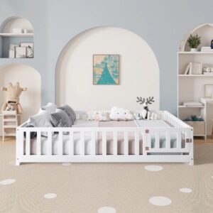 Full Size Floor Platform Bed With Fence And Door For Kids