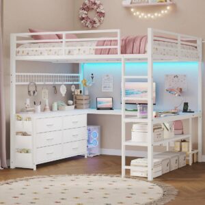 Loft Bed Full Size With U-shaped Desk, 6 Storage Drawers, Power Outlet