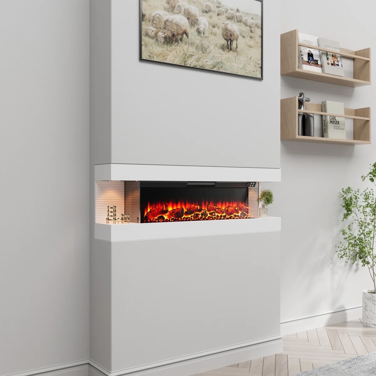 Wall Mounted Led Electric Fireplace With Floating Mantel,Remote Control Adjustable Heat