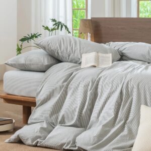 Queen Striped Duvet Cover Set 100% Washed Cotton Linen Like Textured