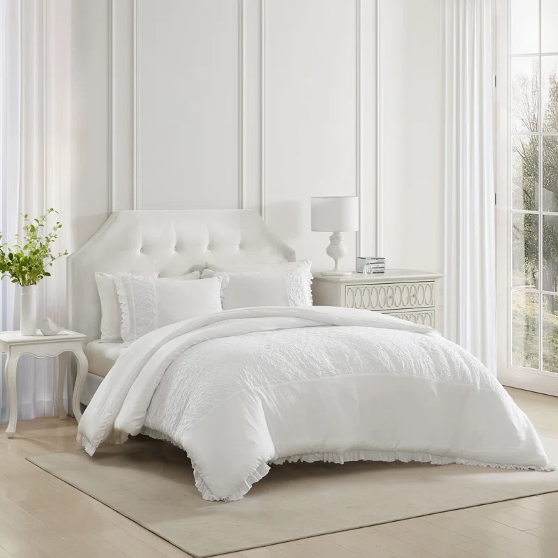 King Laura Ashley Eyelet Ruffle Reversible White Comforter Set