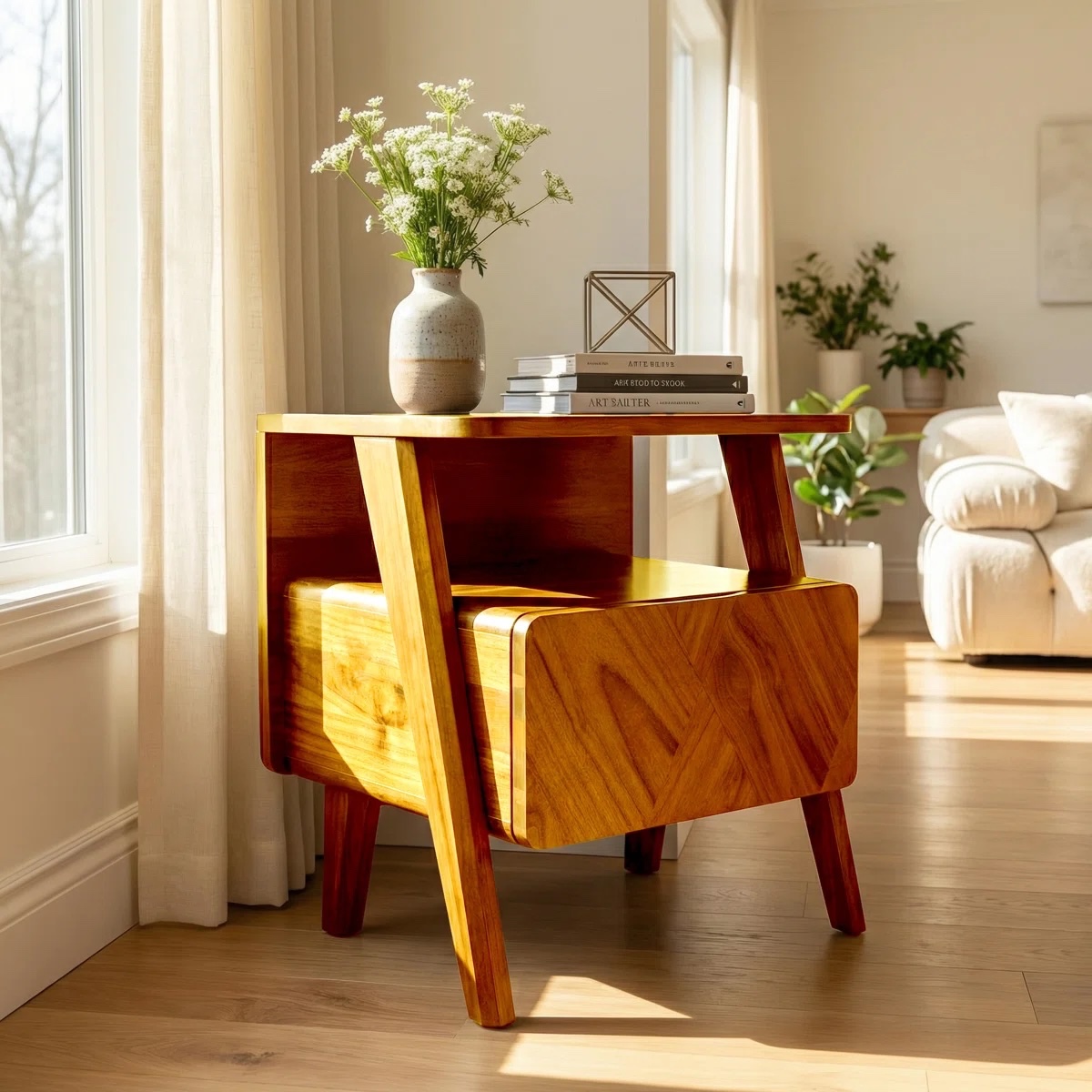 Solid Acacia Wood Nightstand, Bedside Table with Drawer & Open Shelf