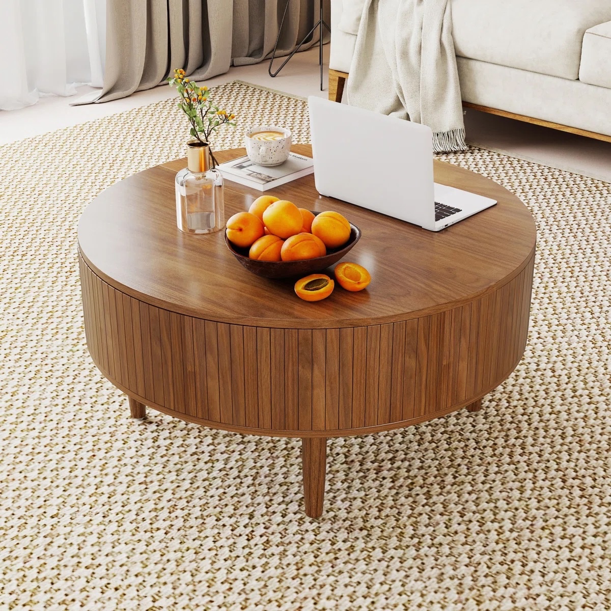 Fluted Round Lift Top Coffee Table With Storage