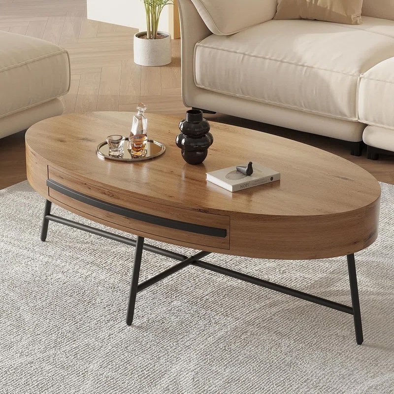 Oval Coffee Table with Drawer Mid-Century Modern Centre Table