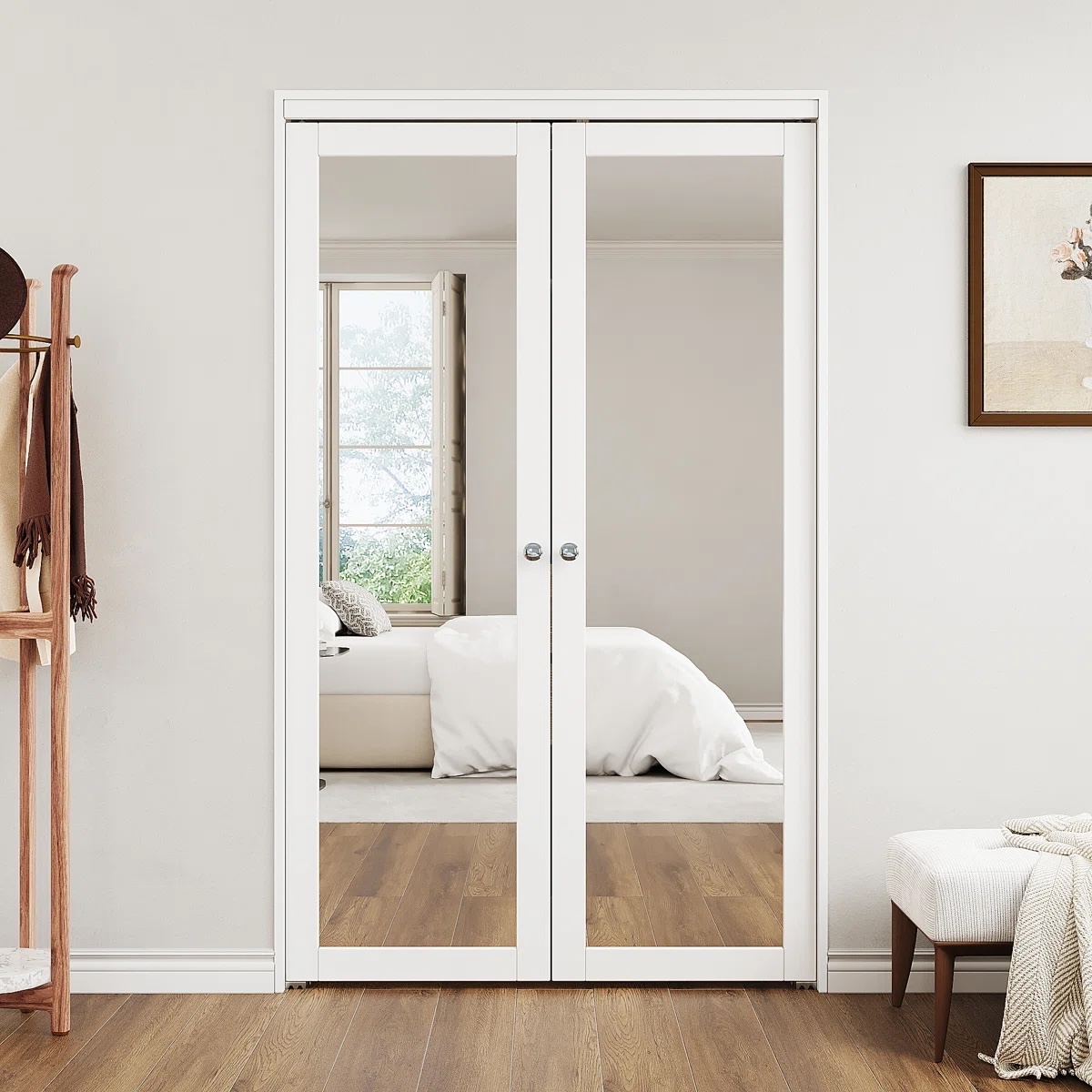 1-Lite Mirrored Pivot-French Solid Core Doors With Installation Hardware Kit