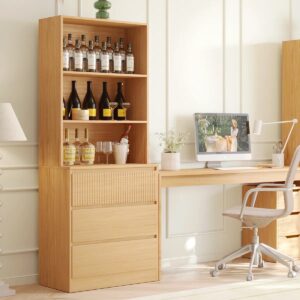 71” Wood Book Cabinet Storage Bookcase With 3 Open Shelves & 3 Large Drawers