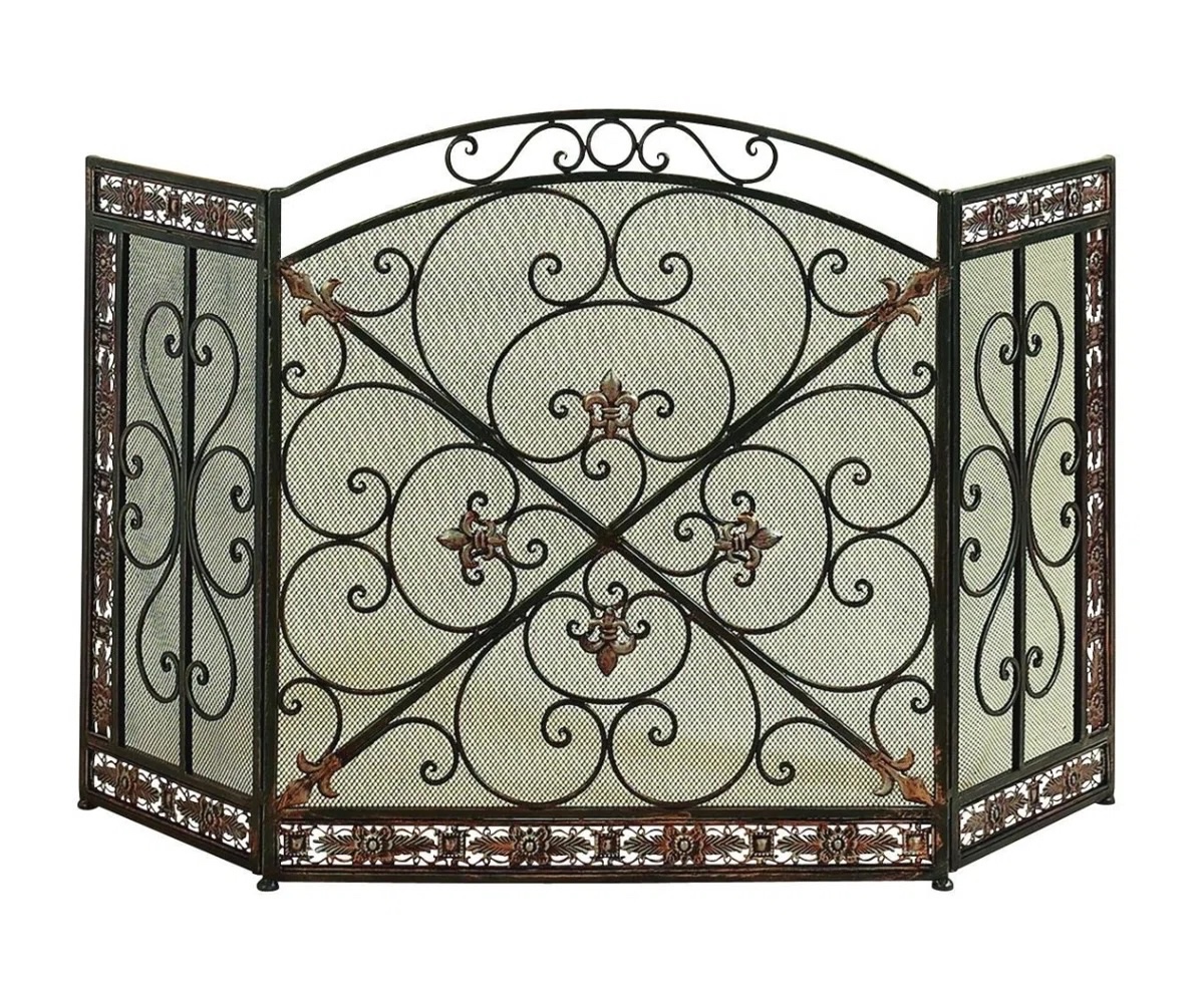 Black Metal Scroll Foldable Arched 3 Panel Living Room Fireplace Screen 52" x 1" x 31"