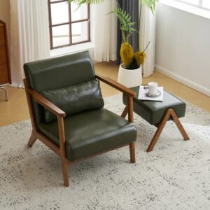 Mid-Century Modern Leatherette Accent Stool And Chair With Walnut Rubberwood Legs