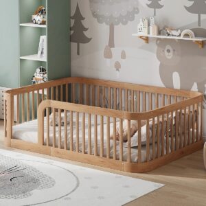 Wooden Full Size Floor Bed Frame With Fence For Kids Natural
