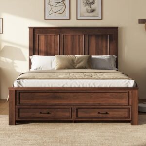 Farmhouse Wood Queen Platform Bed Frame With 52.2" Tall Headboard, Large Storage Drawers, Brown