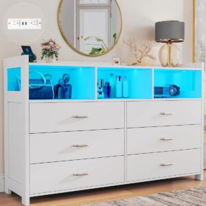 Jaylianiz 6 - Drawer Dresser with Power Outlet, Chest of Drawers with LED Lights and Open Storage