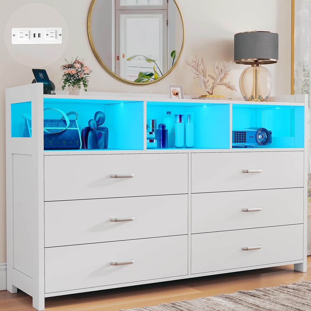 Jaylianiz 6 - Drawer Dresser with Power Outlet, Chest of Drawers with LED Lights and Open Storage