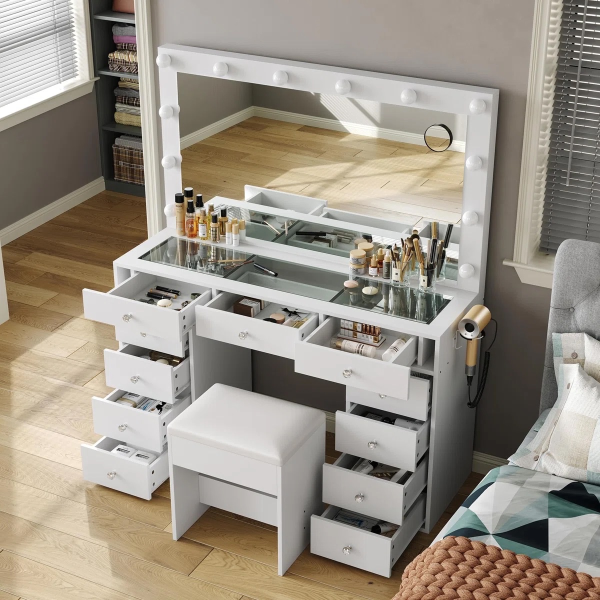 Vanity Desk with Charging Station, Makeup Desk with Lights Mirror and 11 Drawers, Vanity Table
