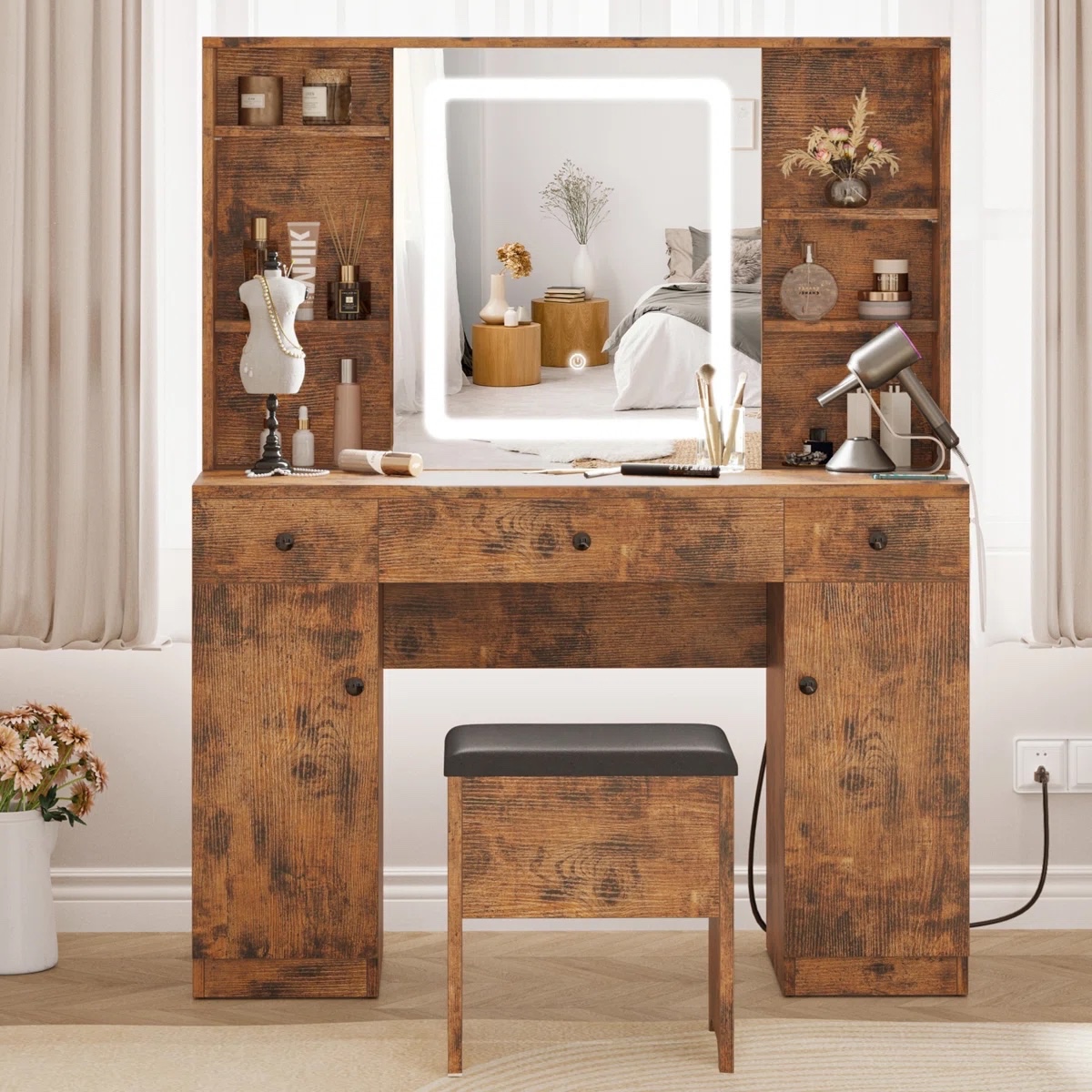 Kimrey Vanity Desk with Light Sliding Mirror and 7 Drawers, Makeup Vanity Table Set for Bedroom