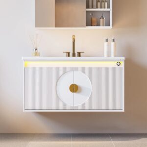 30" Floating Bathroom Vanity Set With Led Lighting, Wall-mounted Mirrored Medicine Cabinet