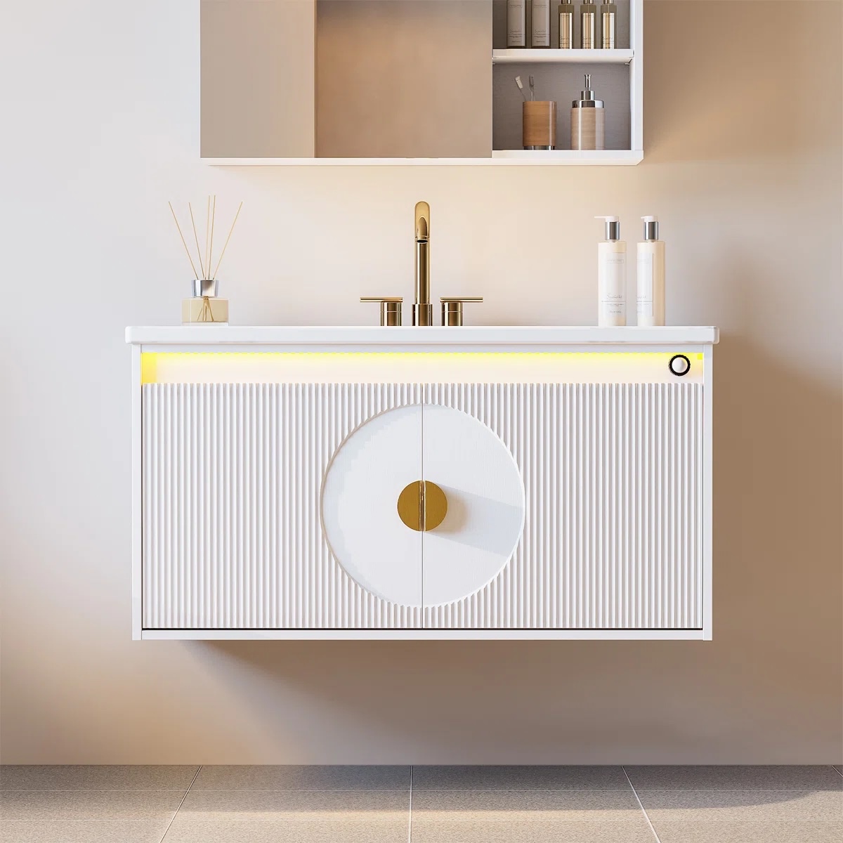 30" Floating Bathroom Vanity Set With Led Lighting, Wall-mounted Mirrored Medicine Cabinet