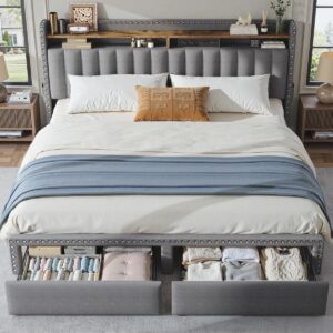 Francille Upholstered Bed Frame with 2 Drawers, 2-Tier Storage Headboard King Gray