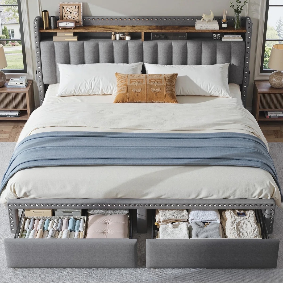 Francille Upholstered Bed Frame with 2 Drawers, 2-Tier Storage Headboard King Gray