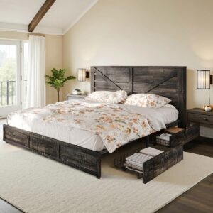 Oceant Farmhouse King Size Bed Frame with 4 Drawers, Black