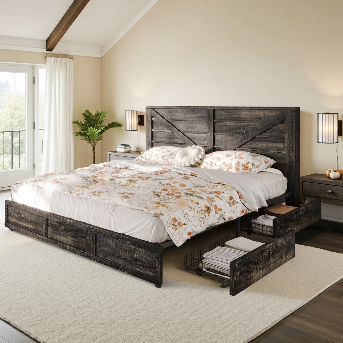 Oceant Farmhouse King Size Bed Frame with 4 Drawers, Black
